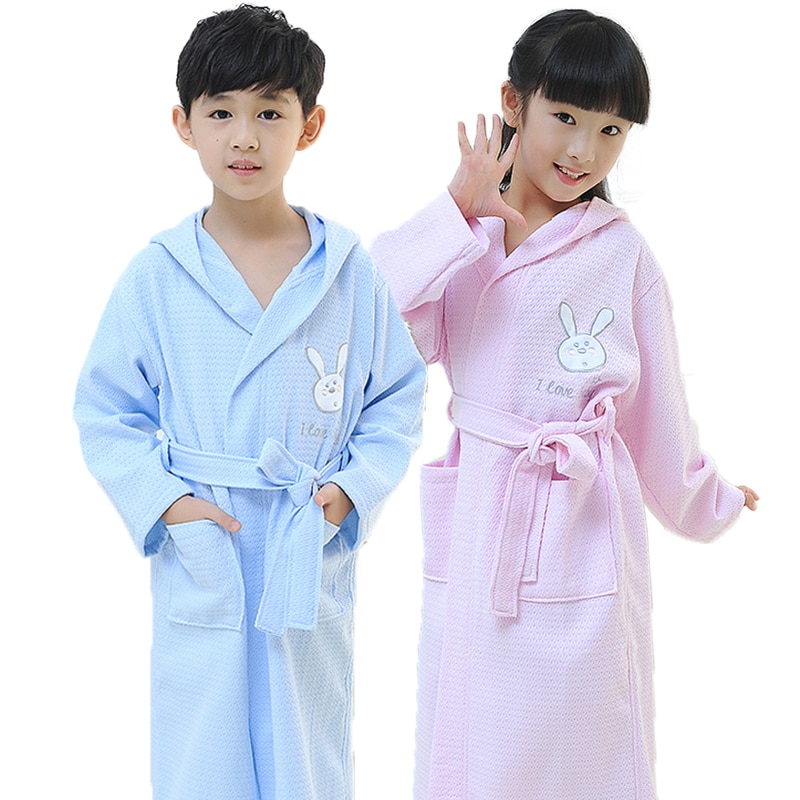 Children Hooded Bathrobe waffle Kids Boys Girls Cotton Lovely Robes Dressing Gown Kids Homewear Sleepwear with Belts summer