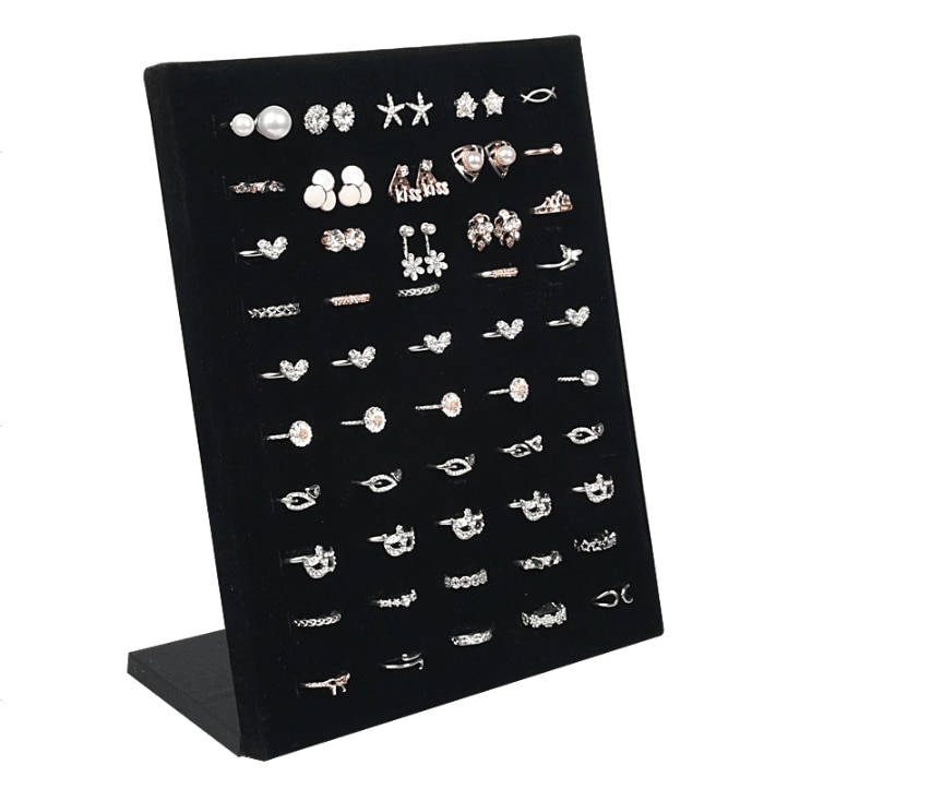 50 Hole Velvet L Shape Wedding Ring Jewelry Holder Display Rack Storage Organizer Jewelry Stud Earring Brooch Pin Showcase Shelf