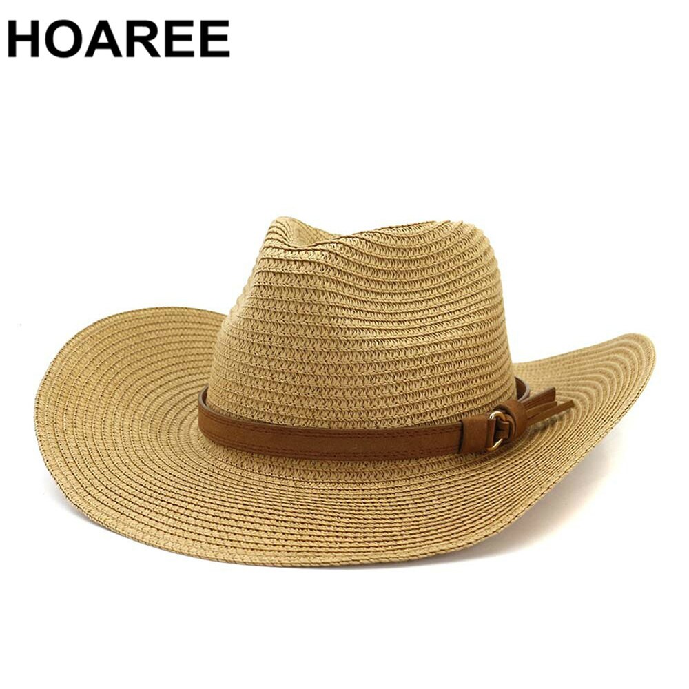 HOAREE, sombrero de vaquero de verano para hombre, sombrero de paja azul marino para el sol con cinturón, sombrero ancho Vintage para mujer, gorros de vaquera para decoración de playa, sombreros UV