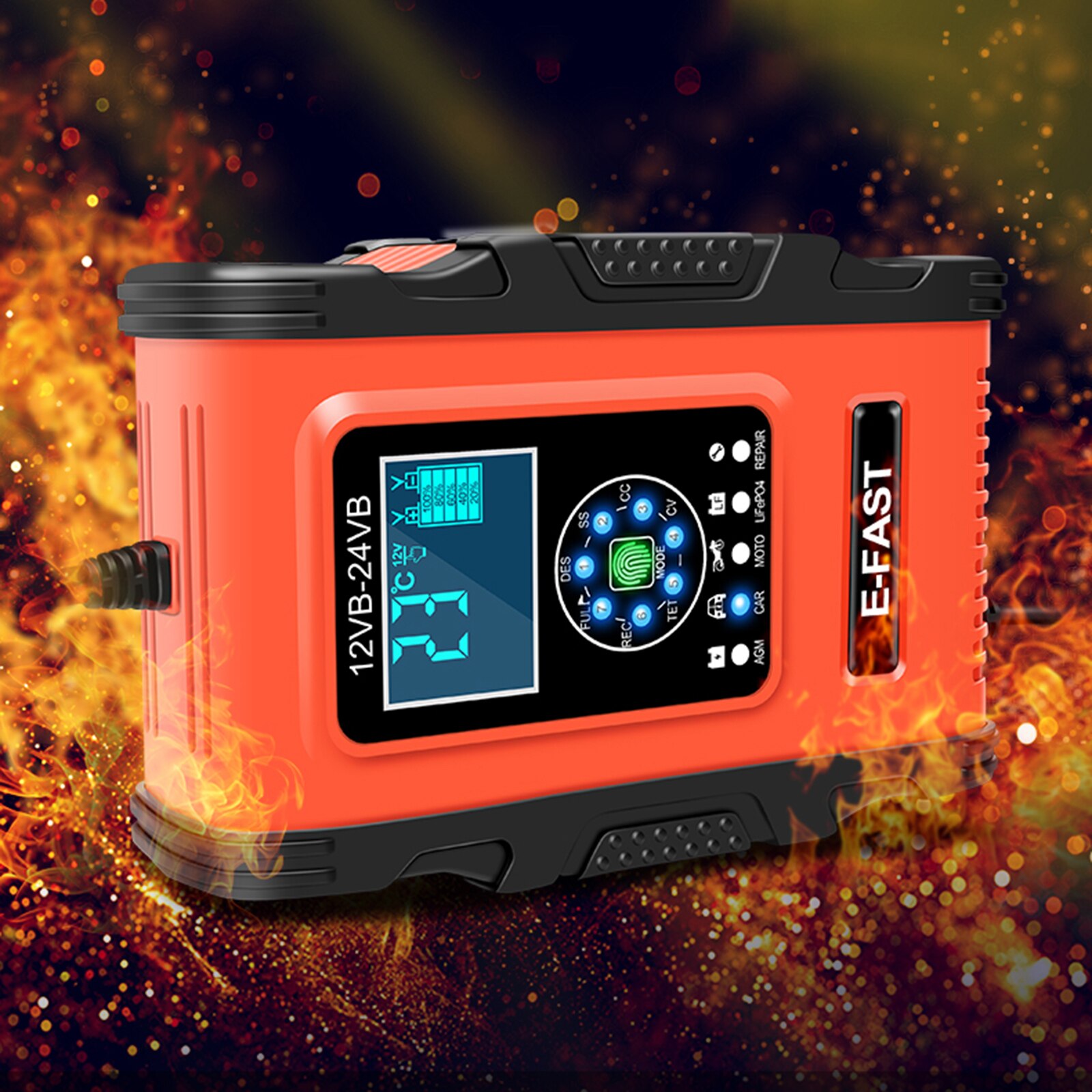 Car Battery Charger 12V 12A 24V 6A 100-240V AC Pulse Repair Fast Power Automatic Charging with Cable Clamps LCD Display