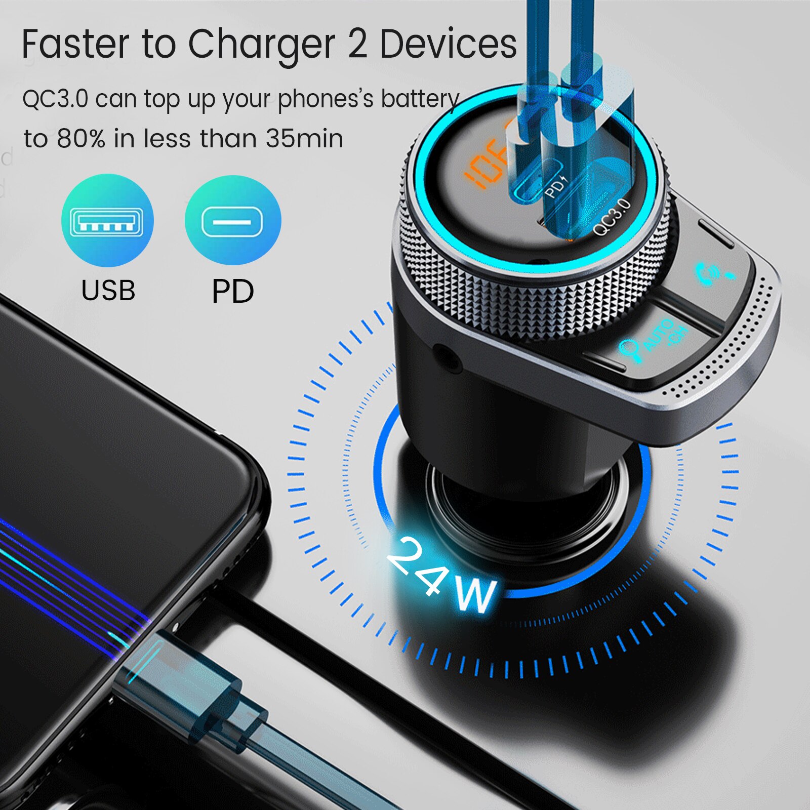 JINSERTA Car Bluetooth 5.1 FM Transmitter Wireless Kit Handsfree Mp3 Player Lossless Music Play USB QC3.0 PD24W Quick Charger