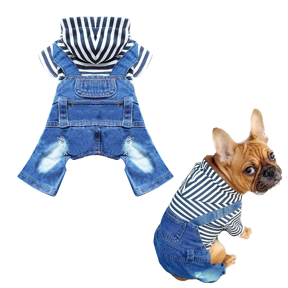 Small Dog Hoodie Clothes Stripe Shirts Denim Jumpsuit Outfit for Small Medium Dogs Cats Boy Girl Blue Jeans Overalls for Puppy: XS / Blue