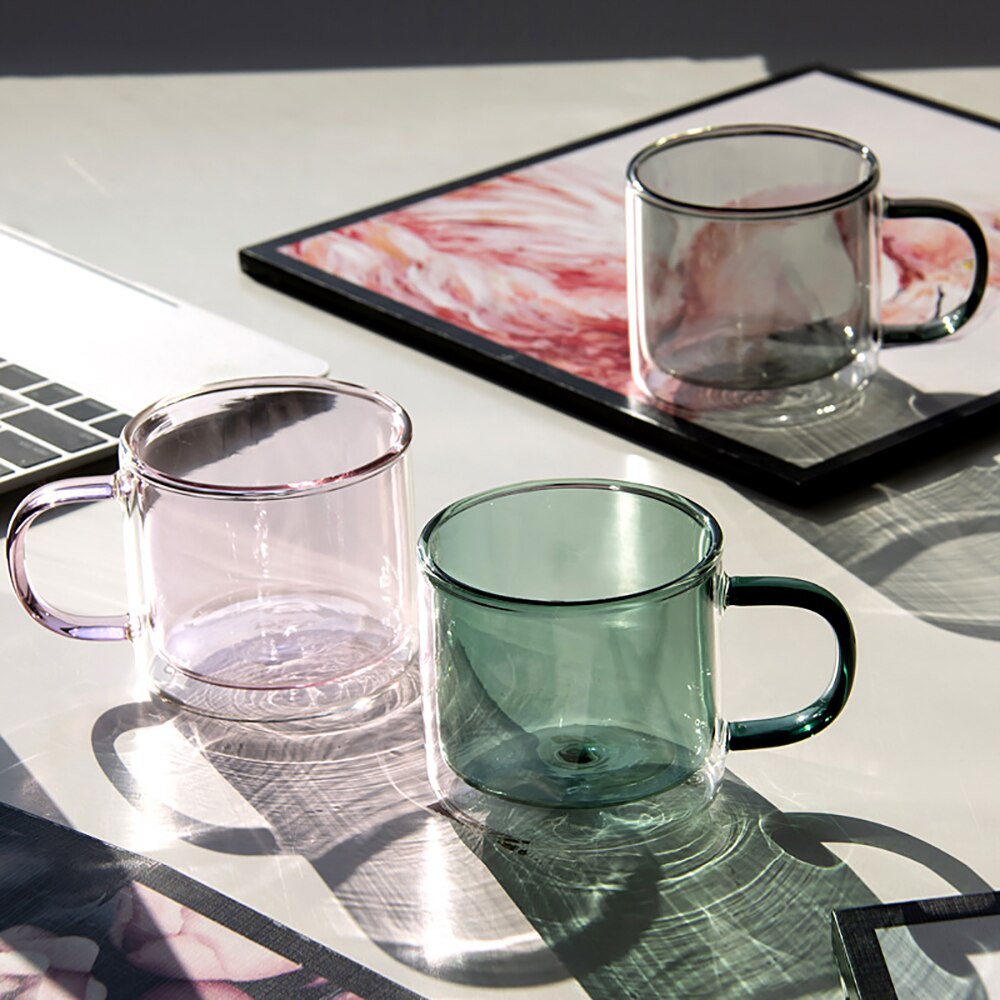 Vasos dobles de Color hechos a mano, tazas de cristal de borosilicato de alta resistencia al calor para el desayuno, tazas de 250ml para café, leche, jugo, avena