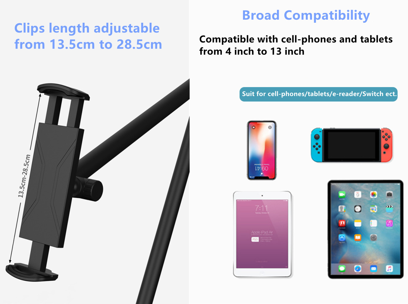 Long Arm Tablet Stand Adjustable Aluminum Tablet Phone Holder Loading Up to 3KG Desk/Bed Bracket for iPhone iPad Pro 4-12.9‘’