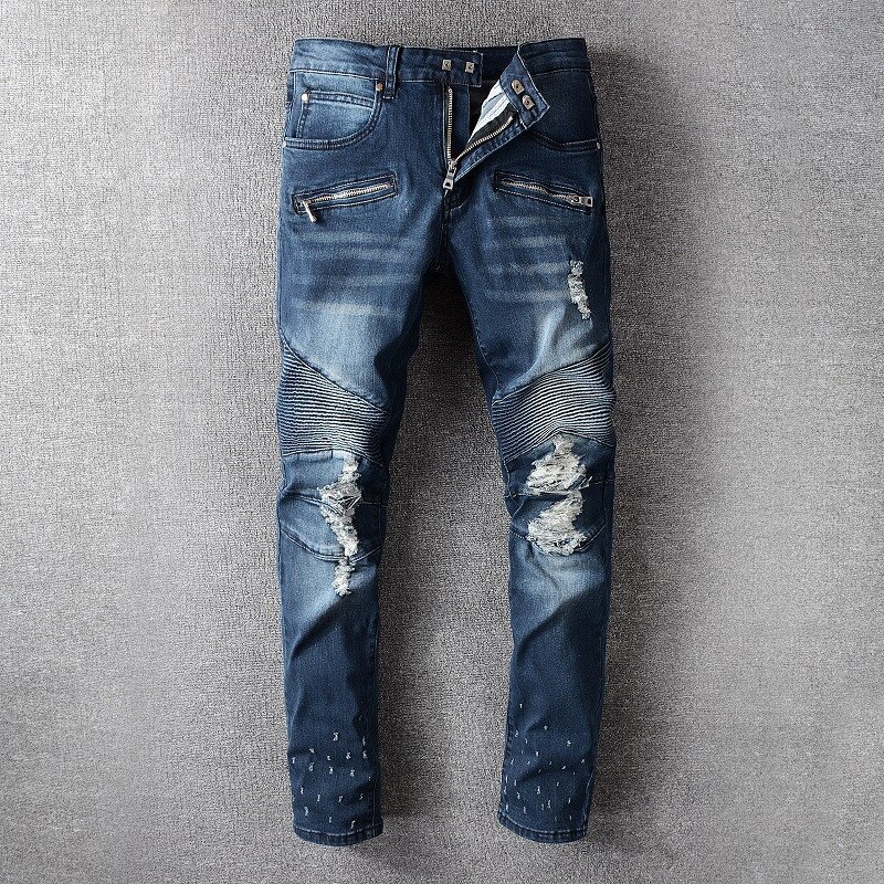 KIMSERE Mens Hi Street Ripped Biker Jeans Pants Pleated Motorcycle Denim Trousers With Holes Moto Jeans Plus Size 28-40: Blue / 29