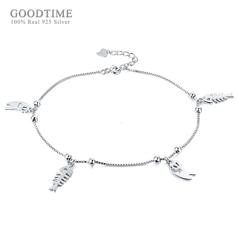 Frische Nette Reine 925 Sterling Silber Fußkettchen Katze Und Fisch Knochen Runde Perle Fußkettchen Für Frauen Ankle Armband Fuß Kette mädchen Schmuck