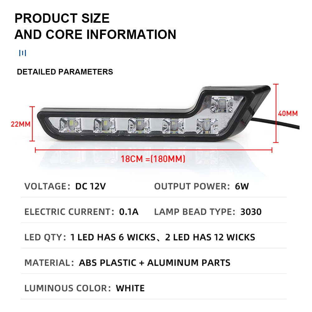 2stk LED Bil Kjørelys L-Form 180mm - 12V DRL Hvit - Tåkelys