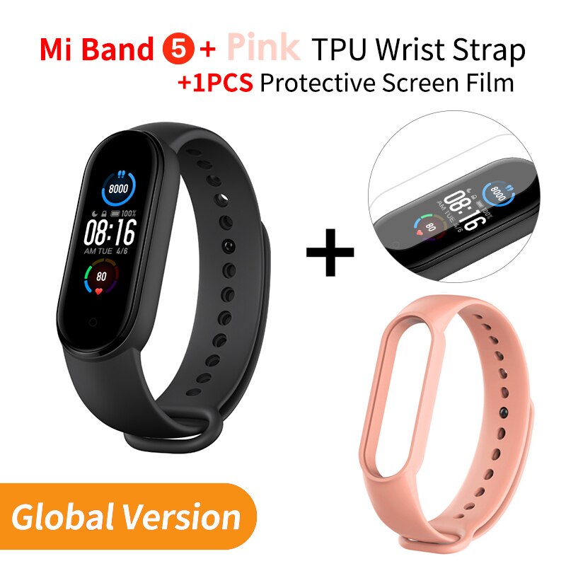 Xiaomi banda 5 versão global pulseira inteligente tela de toque miband 5 pulseira esporte rastreador de fitness monitor de freqüência cardíaca: EN Add pink Strap