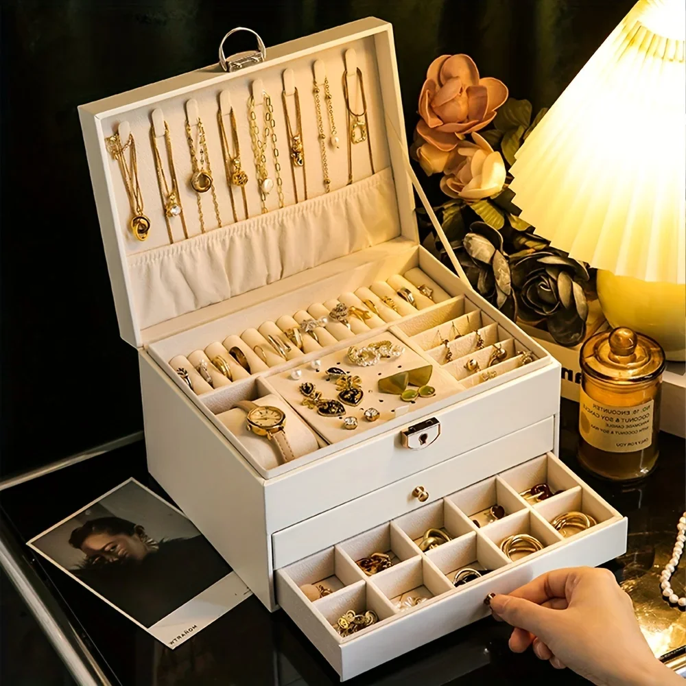 Caja de almacenamiento de joyas, pendientes de collar exquisitos de alta gama, joyero de oro, joyero multicapa de gran capacidad