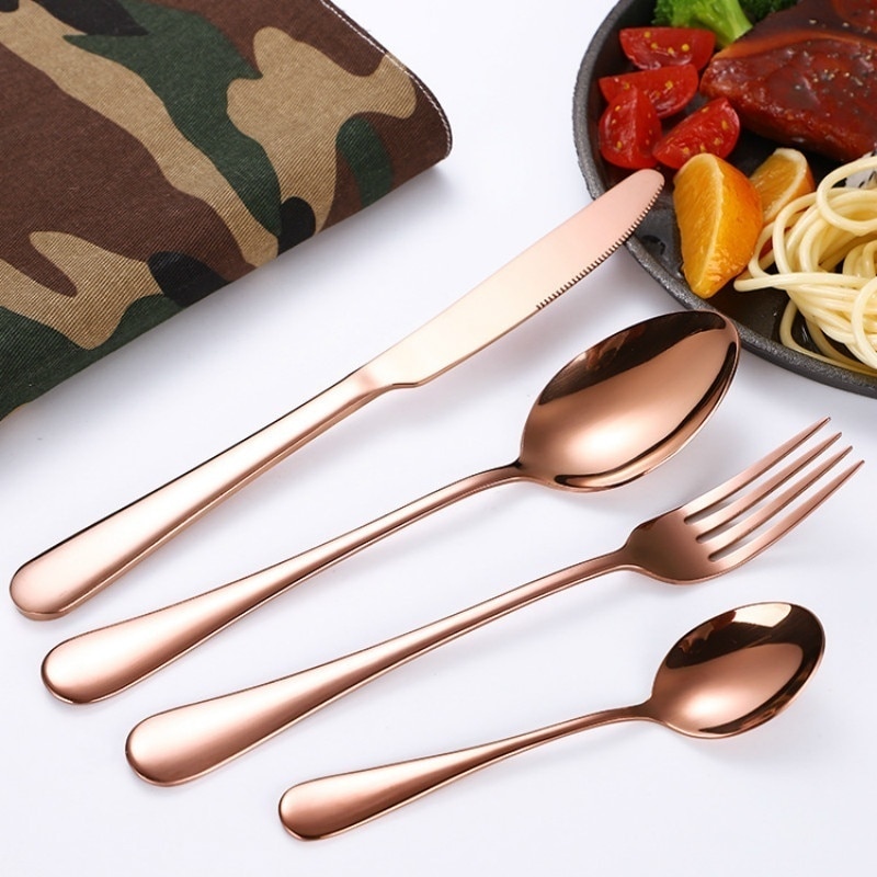 24/16- delt sæt bærbar udendørs camping bestiksæt i rustfrit stål pvd forgyldt western food rustfrit stål bestikske