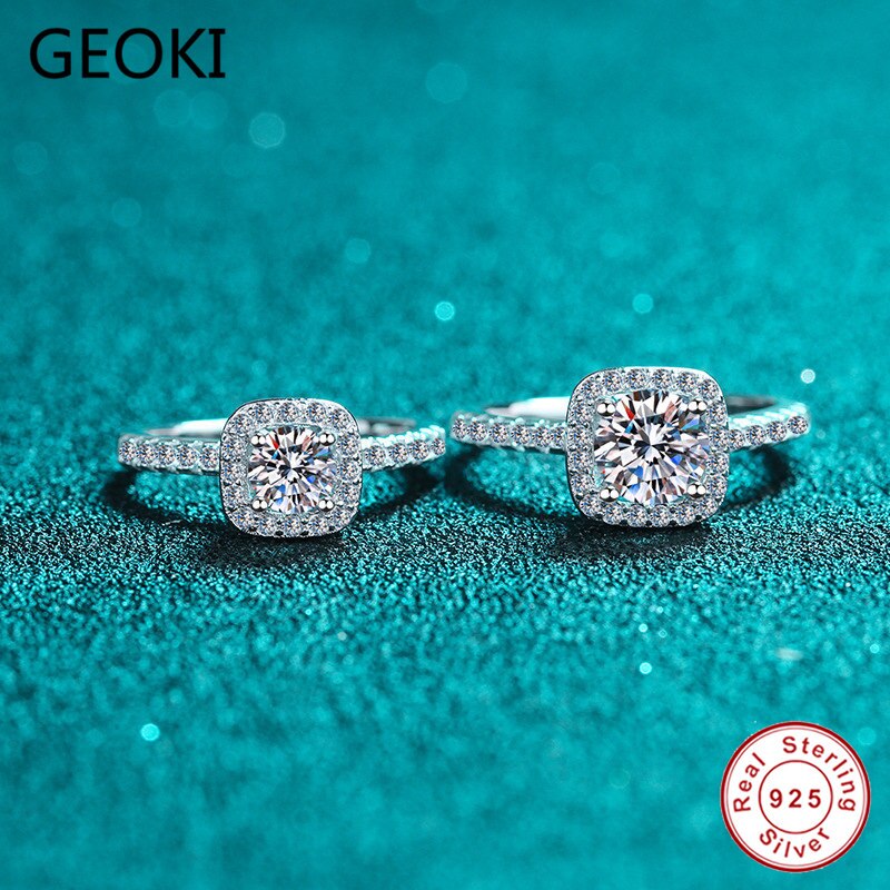 Geoki Passed Diamond Test 0.5-2 CT Perfect Cut Moissanite Party Ring 925 Sterling Silver Classic Square Rings Luxury Jewelry