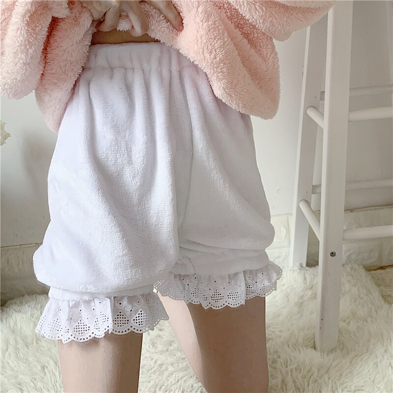 Women Sleep Bottom Spring Summer Kwaii Lace Elastic Waist Loose Homewear Japanese Girls Cute Flannel Pajama Shorts Sleepwear: White / L