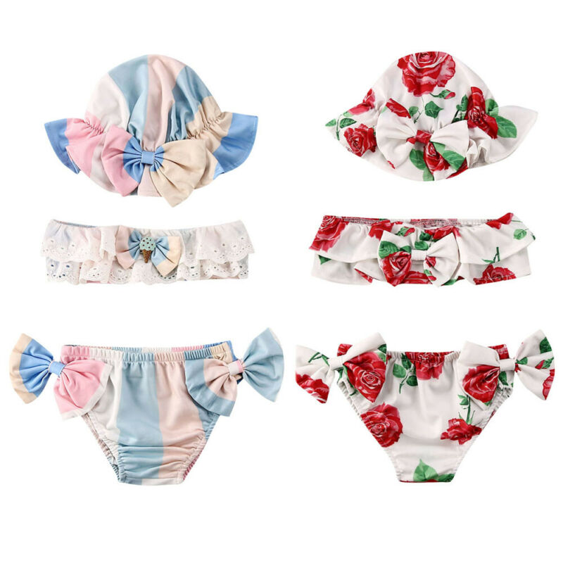 Canis 3 Pcs Baby Meisjes Boog Leuke Bloem Gedrukt Bikini Set + Hoed Badpak Bloemen Badmode Mooie Mode Strand Outfits