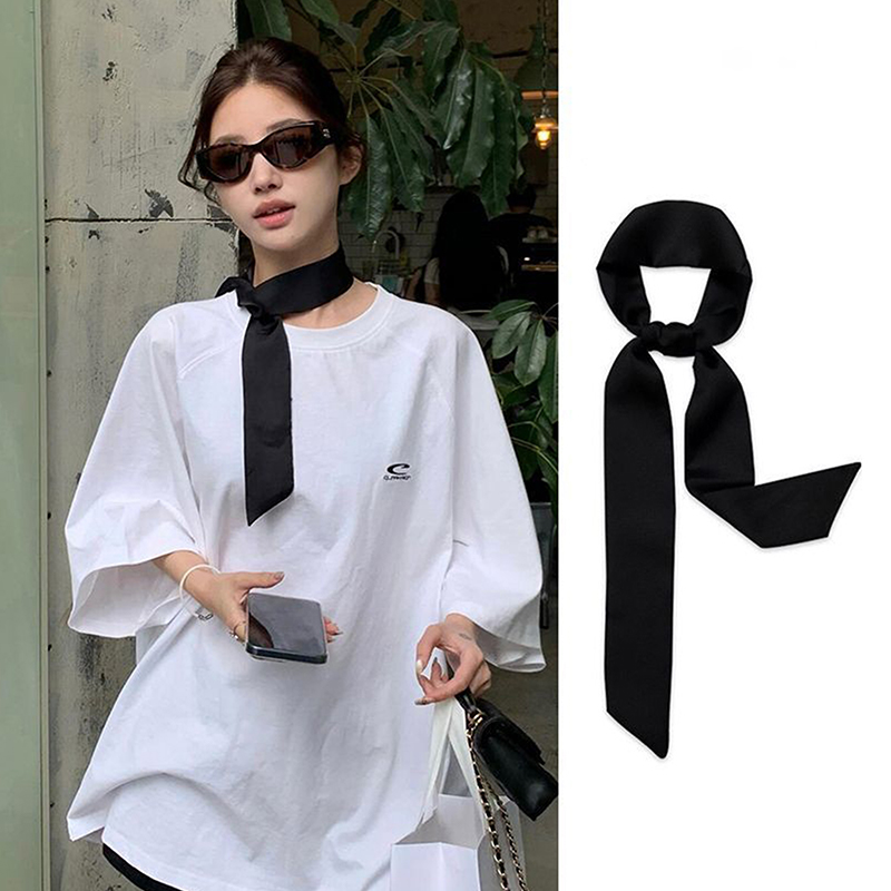 Leopardprintet taske skinny silketørklæde til kvinder luksuriøse foulard kvinders hovedtørklæder med bindebånd: Sort