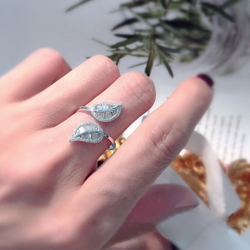Enkle unike doble blader ring sølvfarge zirkon engasjement bryllup evighet bling blad ringer for kvinner: Default Title