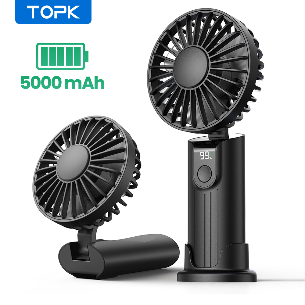 Topk 5000Mah Mini Draagbare Ventilator Usb Oplaadbare Draagbare Ventilator, Kleine Zakventilator 3 Snelheden Met Lanyard & Basis, Usb Bureauventilator Opvouwbaar