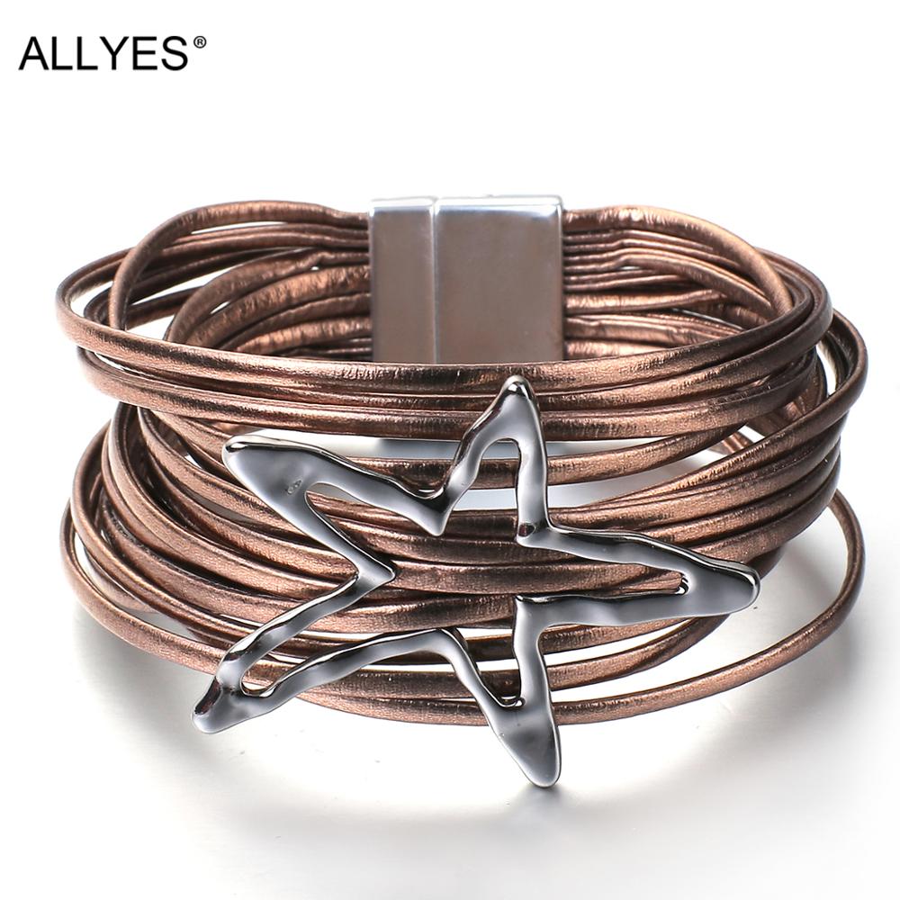 Allyes oco metal estrela encantos pulseira de couro para mulher boho multicamadas wrap pulseira pulseira exagerada jóias presentes