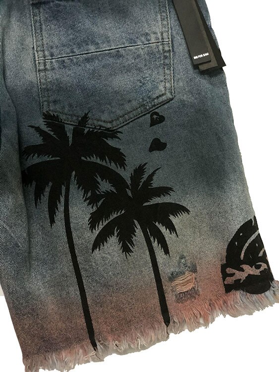 Mens jeansshorts vanliga hiphop knälånga shorts med korta hål för män sommar hawaii kokosnöt träd shorts