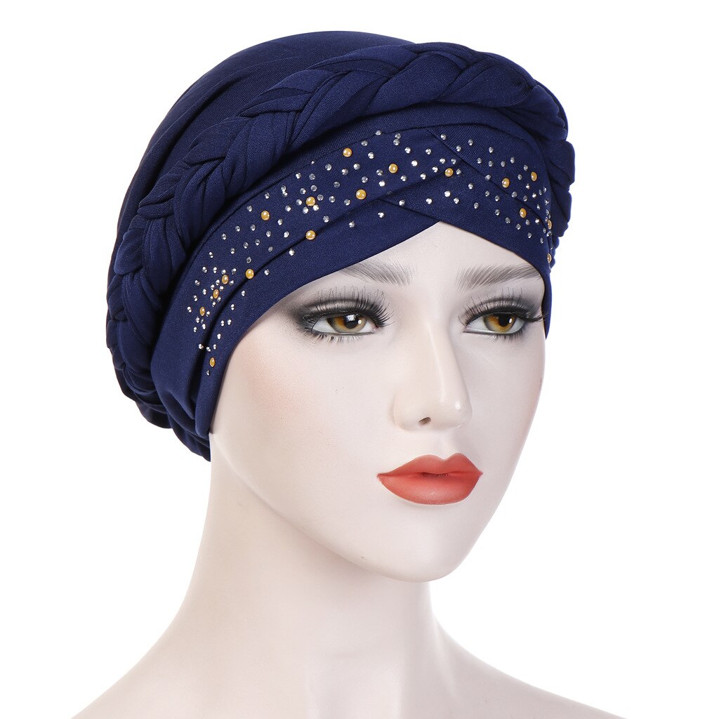 Bohemia Style Women Turban Hat Braid Knot Lady Head Scarf Hijab Muslim Inner Hijab for Women Hair Accessories Hair Loss: Navy Blue