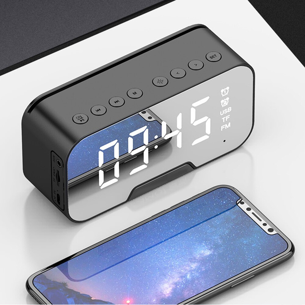 Haut-parleur Bluetooth avec Radio FM LED miroir réveil Subwoofer lecteur de musique Snooze horloge de bureau sans fil