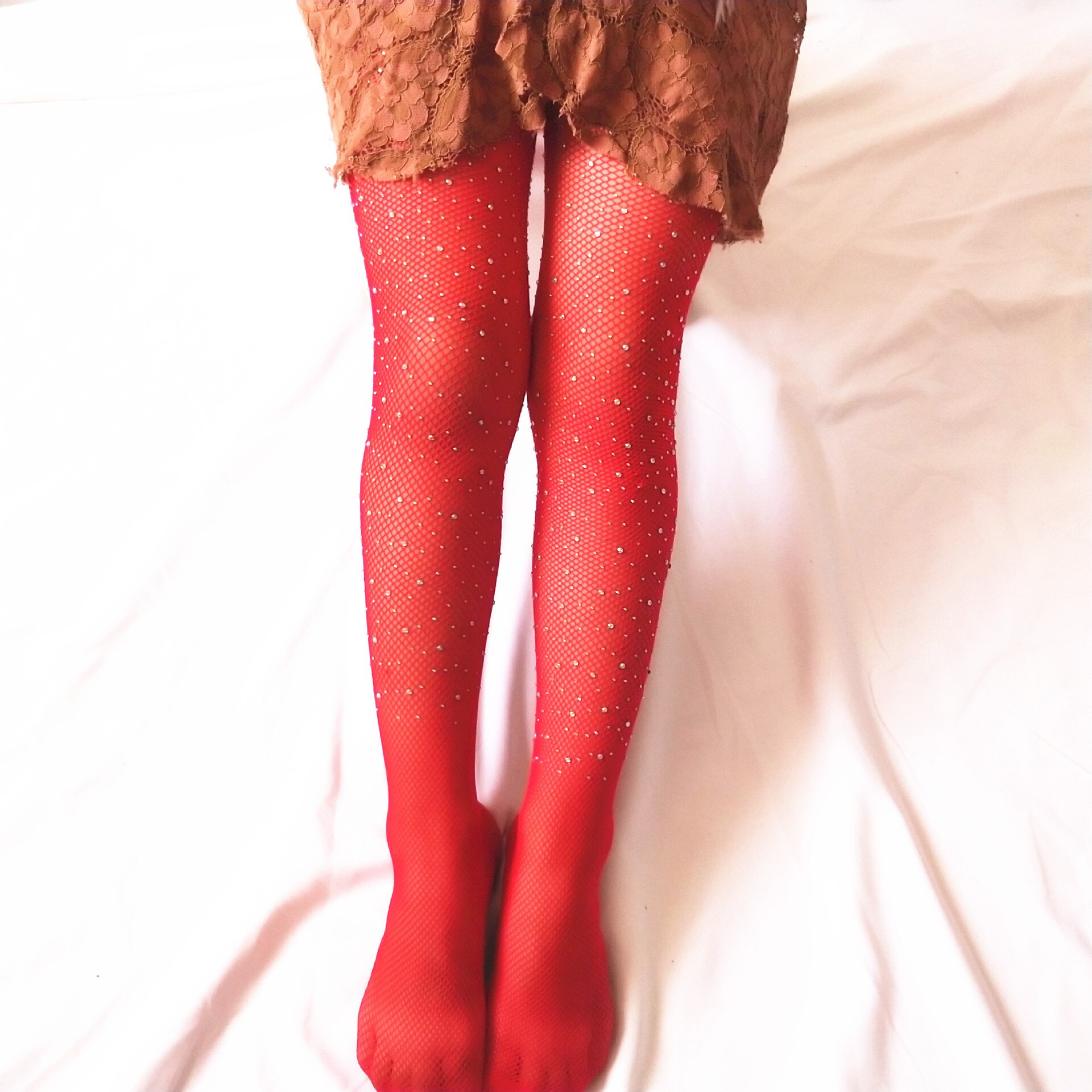 Bas en filet en maille pour filles | Collants scintillants ajourés, pour filles de 7 à 16 ans: Rouge