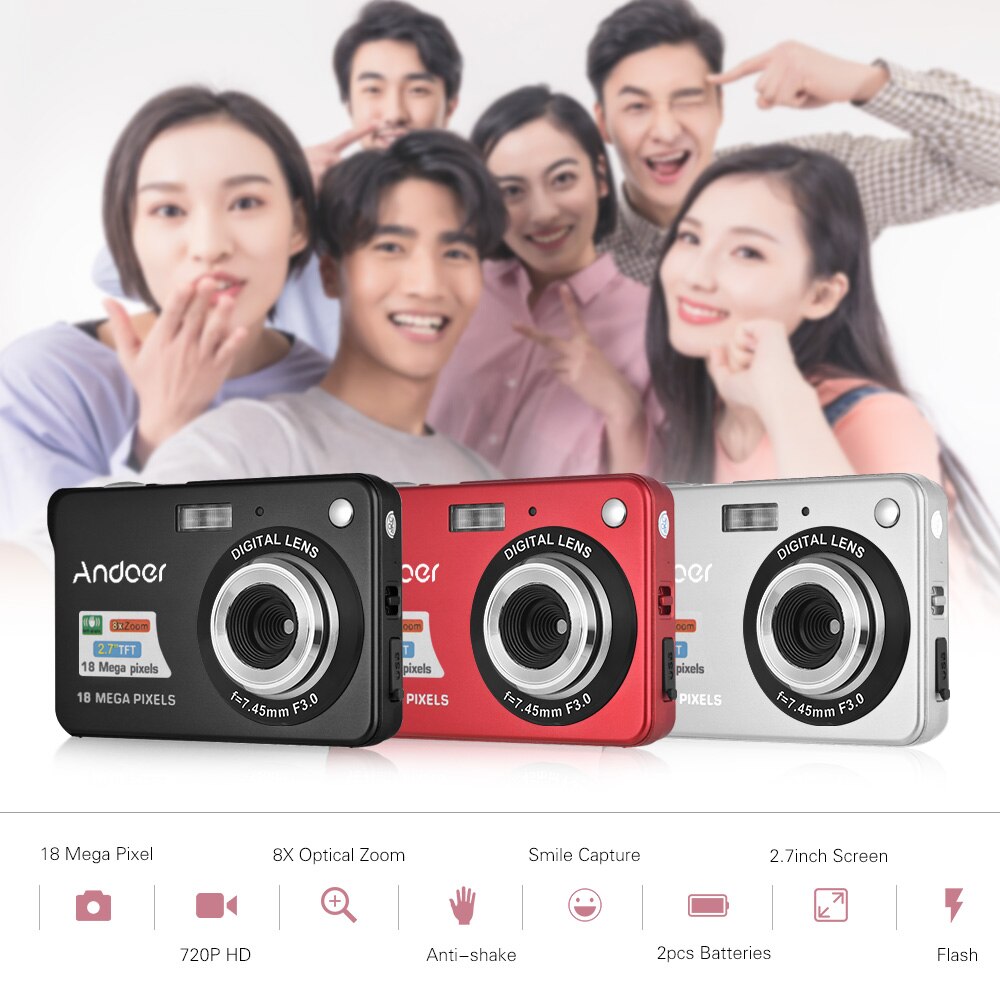 Andoer 18M HD Digital Camera 720P Video Camcorder 8X Digital Zoom Anti-shake 2.7inch LCD Video Camera with Rechargeable Battery