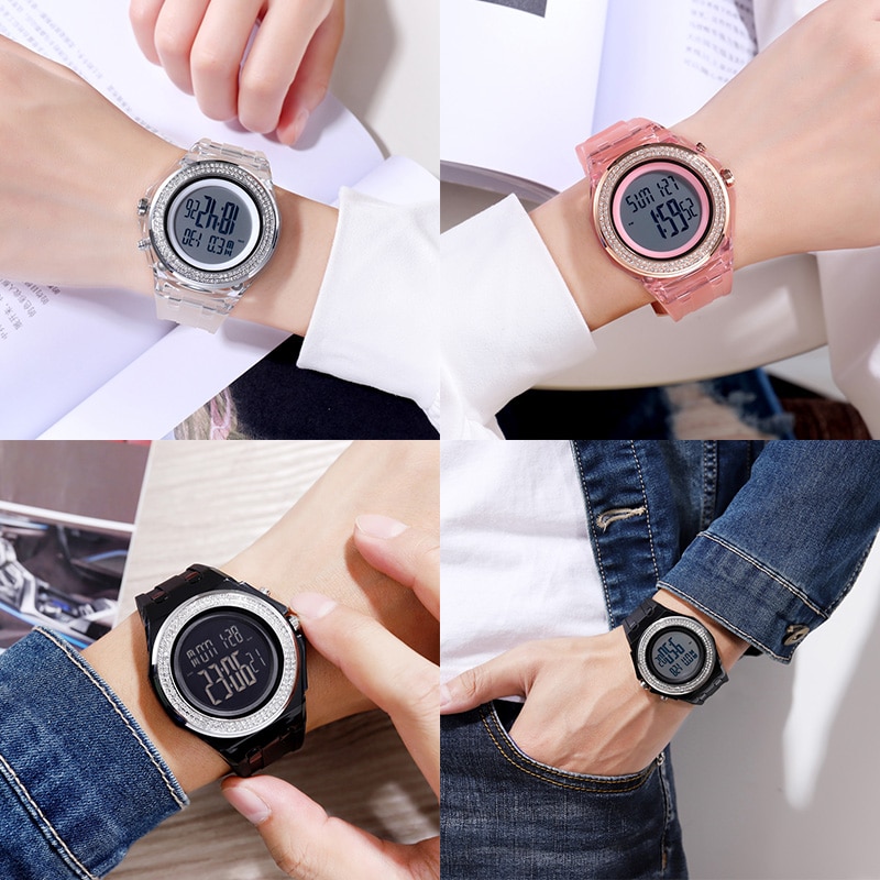 Skmei dreng pige teenager ure led digitalt armbåndsur mænd kvinder diamant gennemsigtig urkasse ur 2 tid reloj 1598
