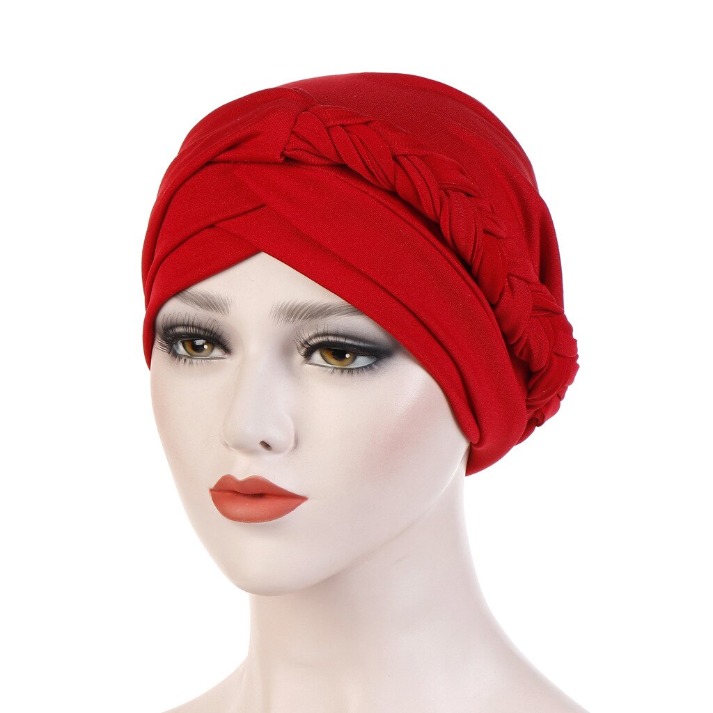 Vrouwen Dames Moslim Haaruitval Stretch Tulband Caps Kanker Chemo Hoed Effen Kleur Braid Head Sjaal Beanie Bonnet: Red