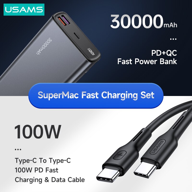 Usams Pd 65W Power Bank 30000Mah Qc Fcp Afc Snel Opladen Powerbank Voor Laptop Smartphone Tablet Schakelaar Draagbare externe Batterij