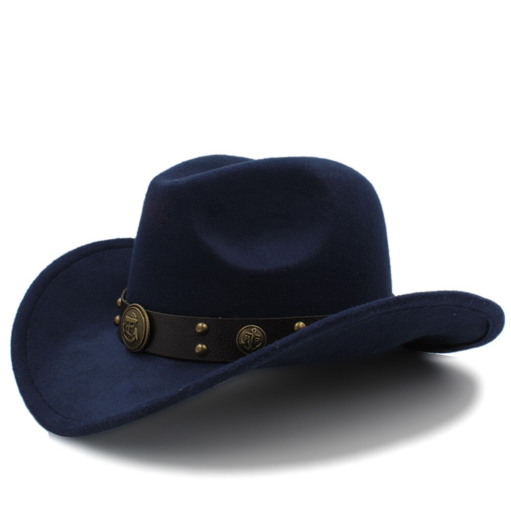 Kvinders uld western cowboy hat roll-up brim lady fascinator jazz hestesport sombrero hombre fedora cap størrelse 56-58cm: Mørkeblå