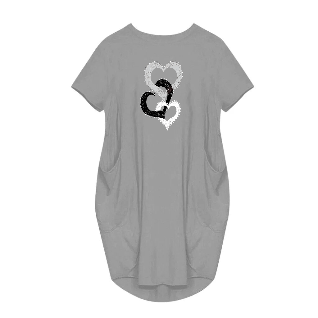 Vestido con bolsillo estampado en forma de corazón para mujer, ropa informal de manga corta con cuello redondo para primavera y verano: S / Gris