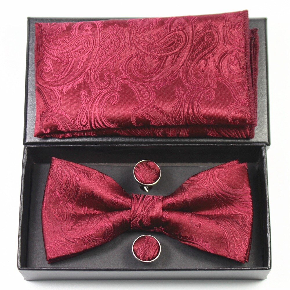 Jemygins originale menns bowtie lomme firkanter mansjettknapp sett paisley blomster vin rød sløyfe hanky sett til bryllupsfest