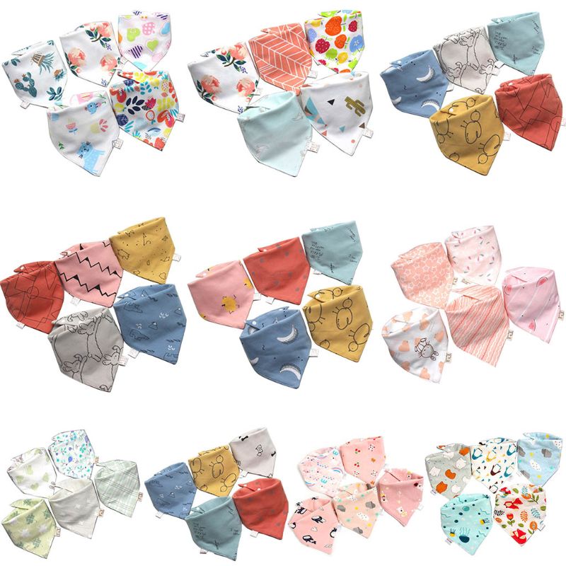 5 Pcs/Pack Baby Feeding Bibs Infant Scarf Towel Bandana Saliva Triangle Dribble Lovely And Colorful Cartoon Printing