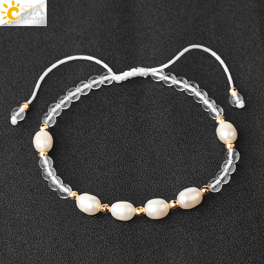 Csja Strand Armband 4 Mm Natuursteen Witte Parel Kristal Kralen Verstelbare Gevlochten Armbanden Voor Vrouwen Mannen Healing Sieraden G482: Clear Crystal