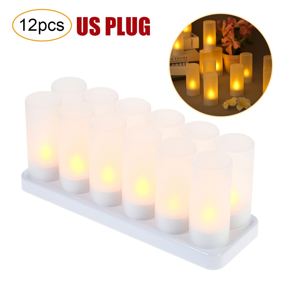 Oplaadbare Led Flickering Vlamloze Kaarsen Waxinelicht Verlichting Met Mat Cups Opladen Base Geel Licht 4/6/12 Stks/set: 12pcs US PLUG