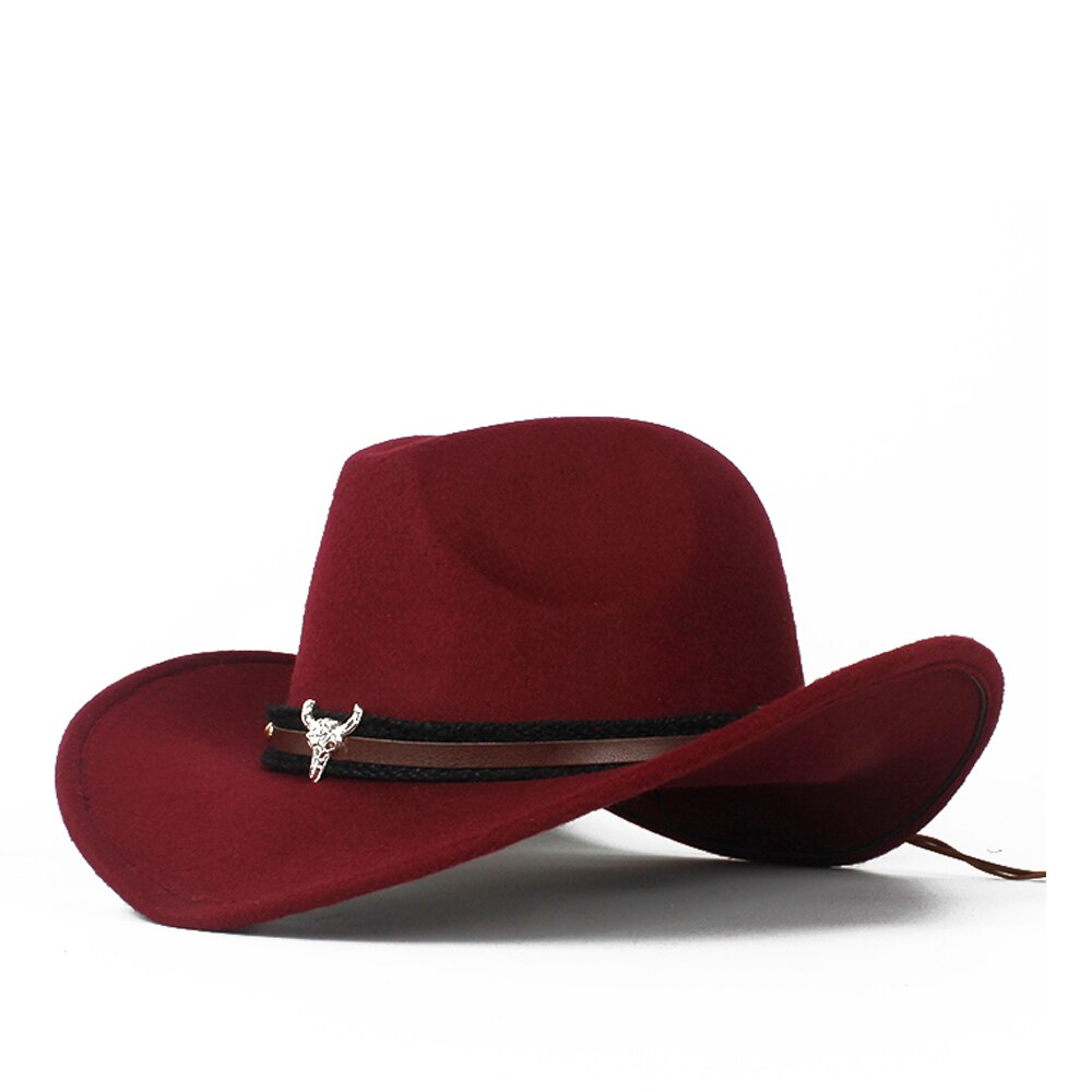 Kvinder mænd uld hul western cowboy hat roll-up brim herre outblack sombrero hombre jazz kasket: Rødvin