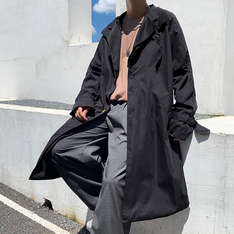 Ulzzang – Trench-coat à Simple boutonnage pour homme, vêtement d'extérieur Chic, uni, mi-long, Style coréen