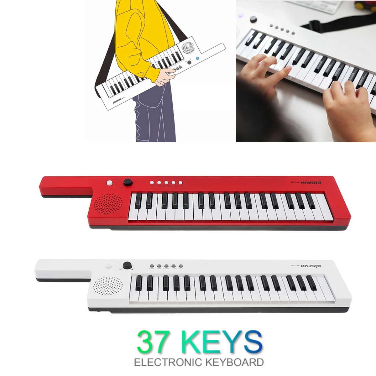 Guitarra recargable de 37 teclas, órgano electrónico, Mini teclado, Piano para niños con correa y micrófono, de iluminación Musical