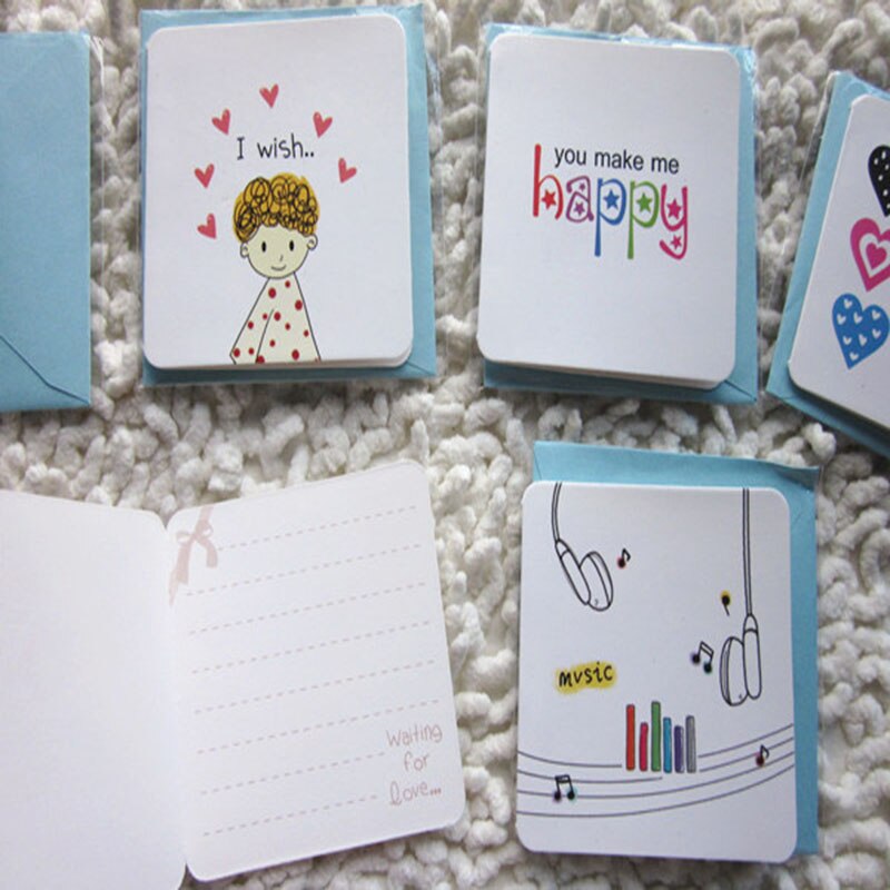 24pcs Mini Kawaii Greeting Card Birthday Love Writing Blessing Cards Festival Simple Paper Card+Envelop 7*7cm Cartoon Cards
