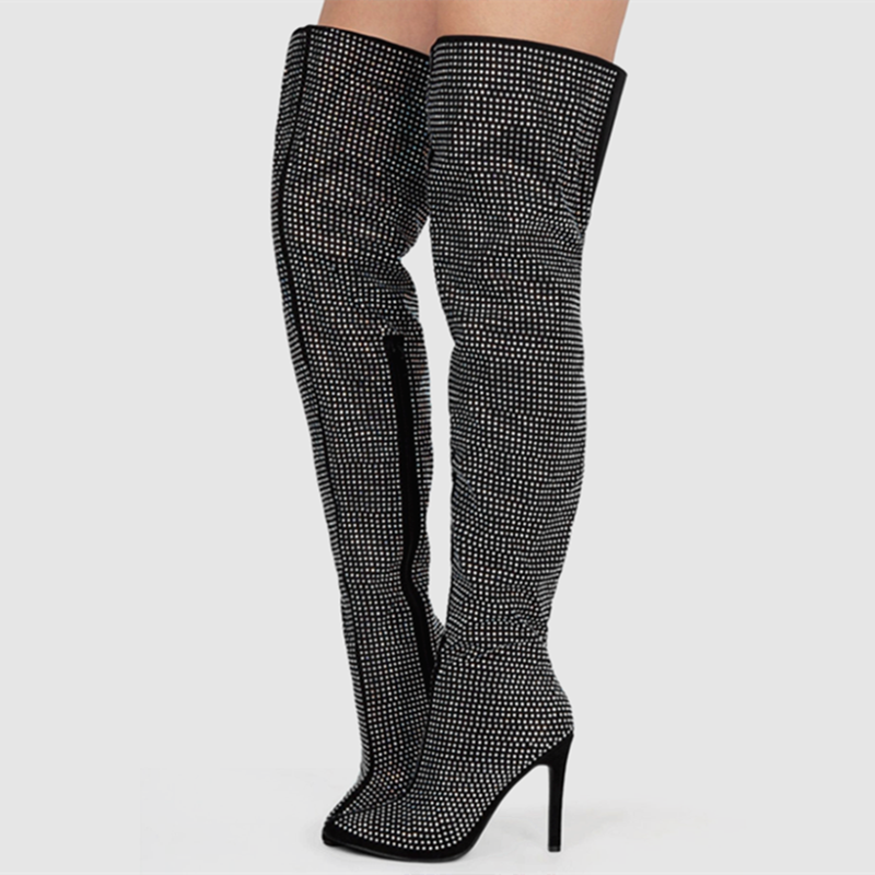 Luxe brillant strass ornement femmes cuissardes longues sur le genou côté Zip chaussures à talons hauts bottes grande taille 43