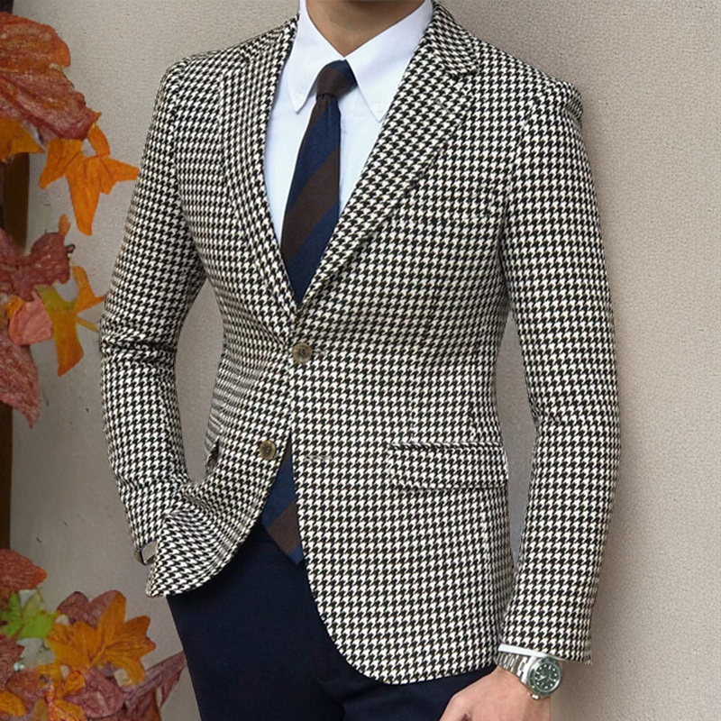 Blazer a cuadros de pata de gallo para hombre, chaqueta de traje de una pieza con 2 aberturas laterales, abrigo informal ajustado para hombre, ropa de 2023