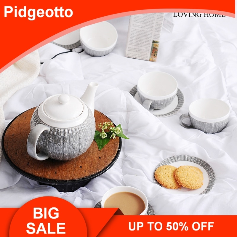 Gray Sweater Embossed Bone China Coffeware Sets Stylish White Porcelain Tea Suits For Afternoon Home Decorations
