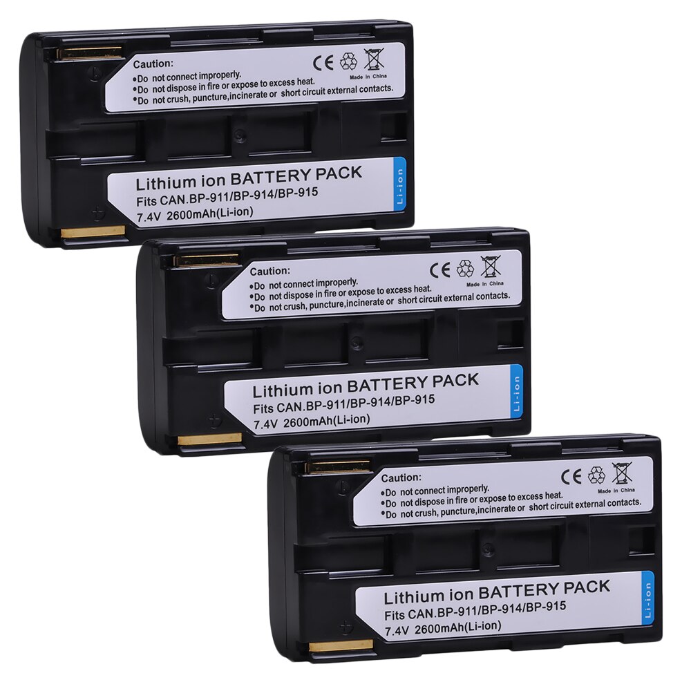 2- pakke bp -911 bp-911k bp -914 bp-915 batteri til canon  es6500v, es7000es, es7000v, es8000v, es8100v, es8200v, es8400v, es8600: 3 batterier