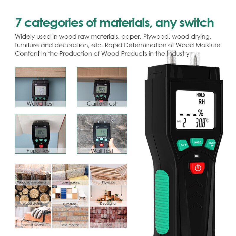 Probador de humedad de madera de mano, 7 modos, 0-60%, dos pines, medidor Digital de humedad de madera, probador de humedad de madera con pantalla LCD de retroiluminación
