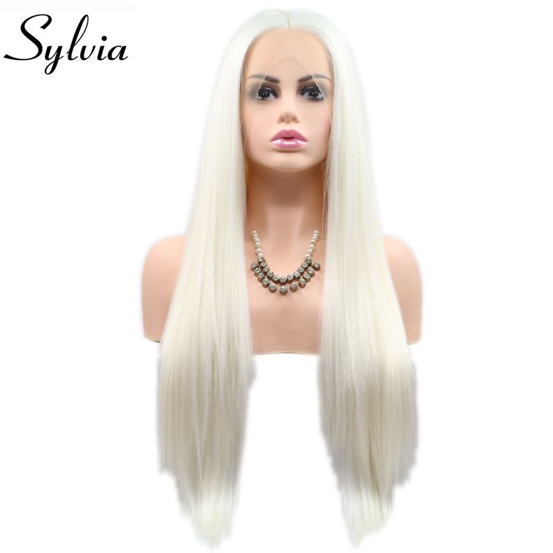 Sylvia langt silkeblødt glat hår hvid paryk syntetisk blonde frontparykker til kvinder drag queen limløse cosplay parykker varmebestandige
