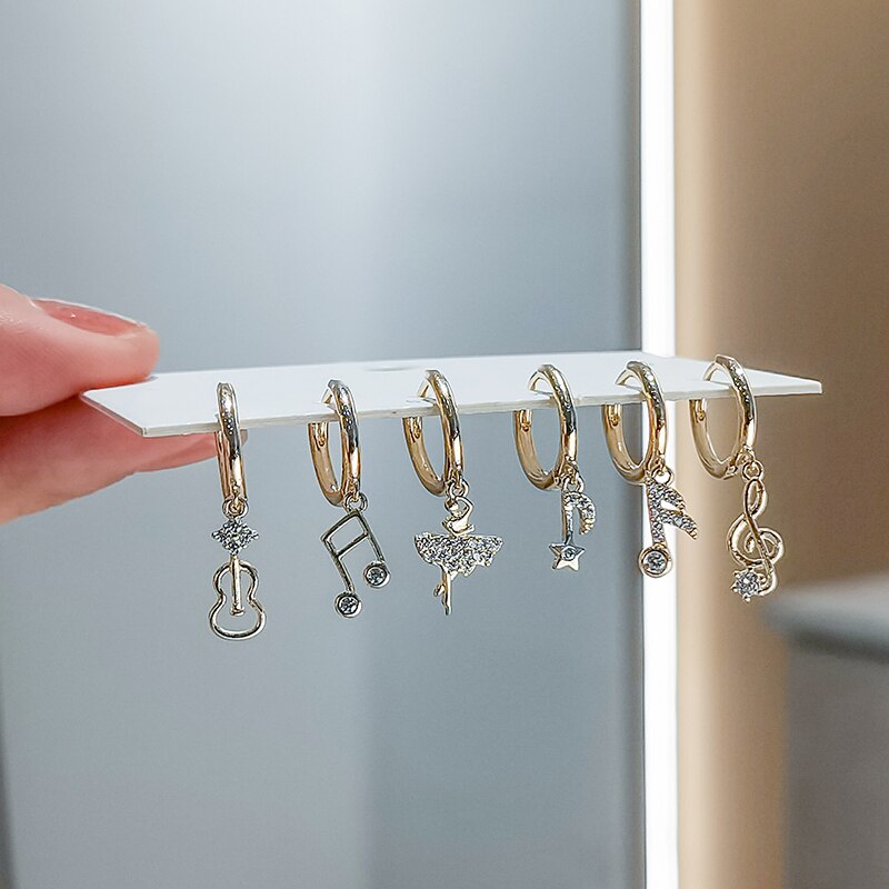 Anenjery Zilveren Kleur Koper Zirkoon Muziek Symbool Hanger Oorbellen Voor Vrouwen Leuke Creatieve Charmante 6 Stuk Oorbel Set Meisje