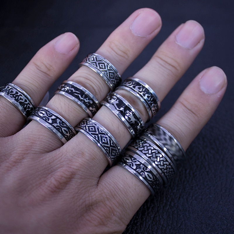 20 stycken/lot vintage retro stil ringar i rostfritt stål för män och kvinnor runda bulk punk ringar