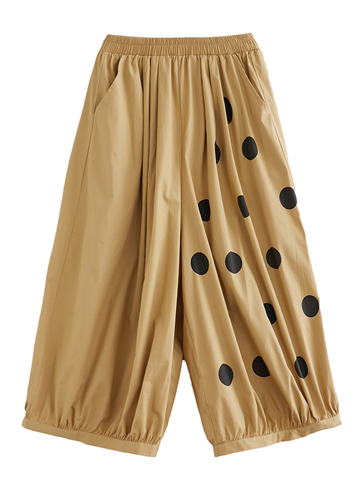 Svarta vintage prickiga byxor med hög elastisk midja och vida ben för kvinnor vår/höst avslappnade lösa byxor streetwear: Kaki