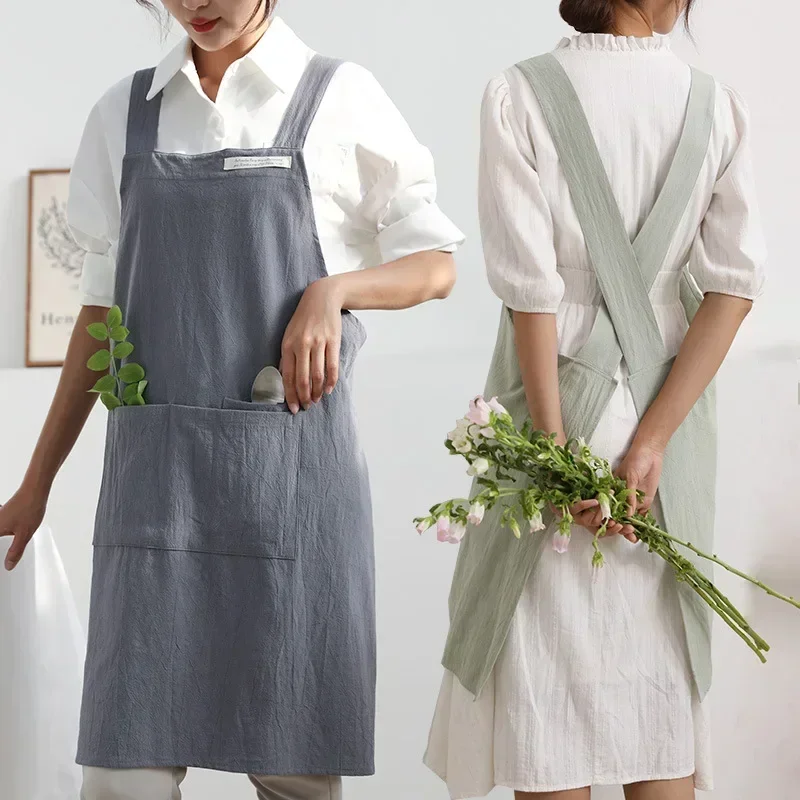 dame japansk og koreansk enkelt forkle denimforkle bomull og lin ensfarget bluse kjøkken blomsterhandler kaffebar forkle