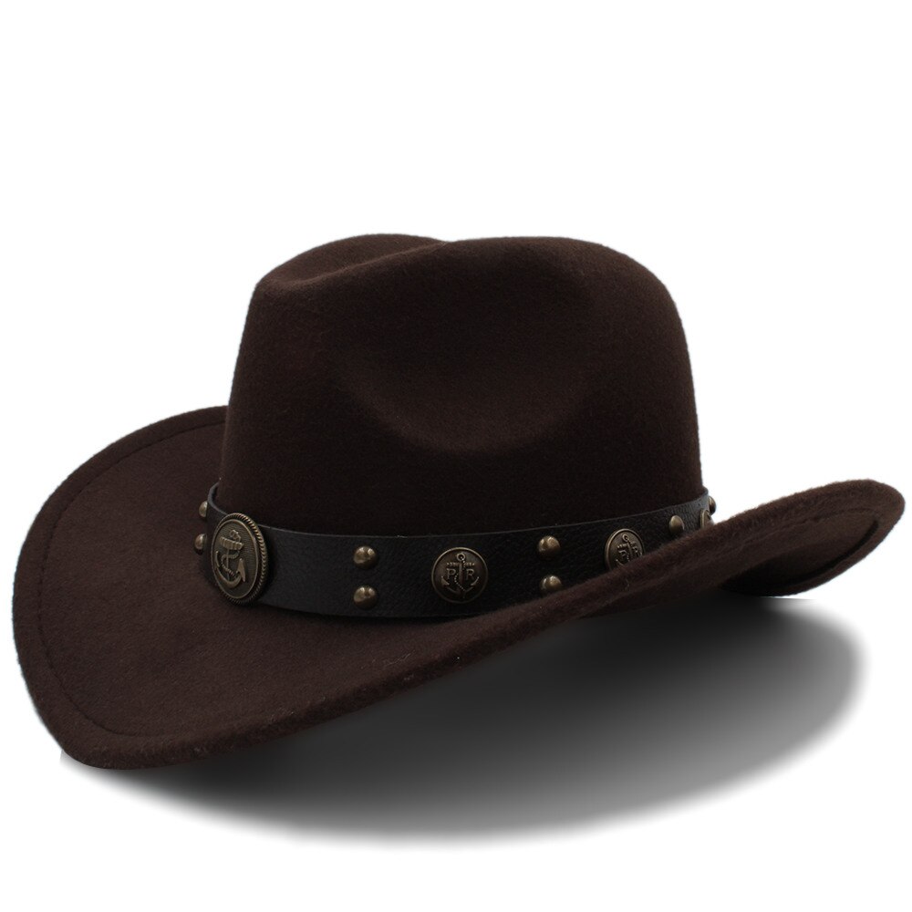 Kvinders uld western cowboy hat roll-up brim lady fascinator jazz hestesport sombrero hombre fedora cap størrelse 56-58cm: Kaffe